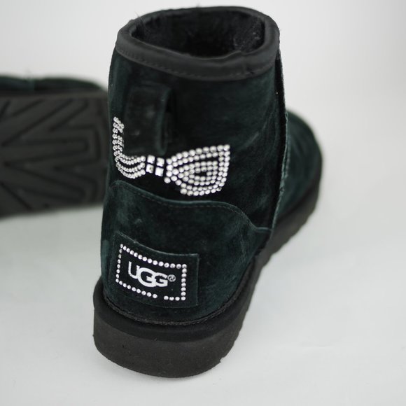 UGG Australia Women's 7 Black Leather Boots Short Ankle Fleece Crystal Studded - Picture 10 of 11